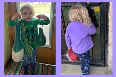 Garden girl Julia Eskridge shows off some of her gourds. During the COVID pandemic, visits to church members and neighbors often took place outside the front door. Photos courtesy of Kay Eskridge. Garden girl Julia Eskridge shows off some of her gourds. During the COVID pandemic, visits to church members and neighbors often took place outside the front door. Photos courtesy of Kay Eskridge.