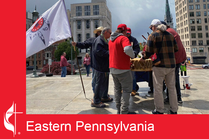 The Itchy Dog Singers opened a peaceful rally with a drum circle at the state Capitol in Harrisburg on May 1. Members of the Lenape Nation of Pennsylvania gathered to remind legislators that it is time to give them legal status as a recognized tribe. Photo courtesy of the Eastern Pennsylvania Conference.