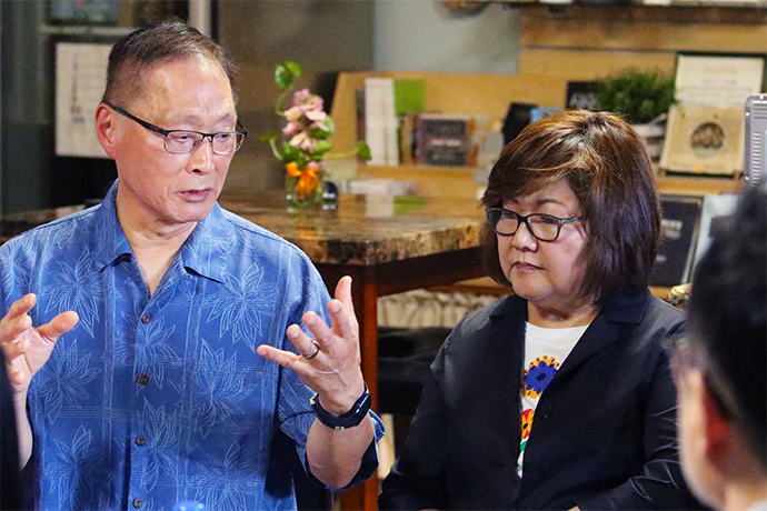 Dr. Sang Chul Lee, left, and Eunsoo Lee shared concerns and hopes for the Mongolia Mission during the May 10-13 Mongolia Mission Initiative Summit in Honolulu. Photo by the Rev. Thomas E. Kim, UM News.