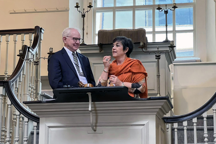 Adriana Murriello (right) speaks alongside the Rev. Thomas V. Wolfe in the New Room chapel in Bristol, England, upon being elected as the next president of the International Association of Methodist Schools, Colleges and Universities. Two-hundred-sixty school leaders and representatives gathered in the United Kingdom for the 10th joint international conference, April 25-May 1. The chapel was built and used by John and Charles Wesley and the early Methodists. Photo by Kimberly Lord, the United Methodist Board of Higher Education and Ministry.