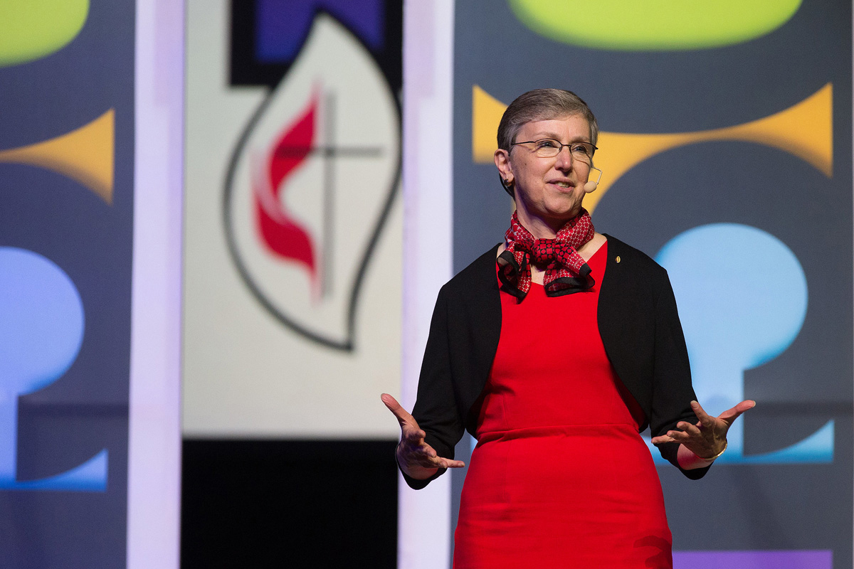 Harriett Jane Olson helps lead the 150th anniversary celebration for United Methodist Women during the 2016 General Conference in Portland, Ore. Olson retired in May after 15 years as top executive of the women’s organization, which rebranded as United Women in Faith in 2022. Olson says it has been her job to help people see the work the agency is doing and the impact it has on the world. File photo by Mike DuBose, UM News.