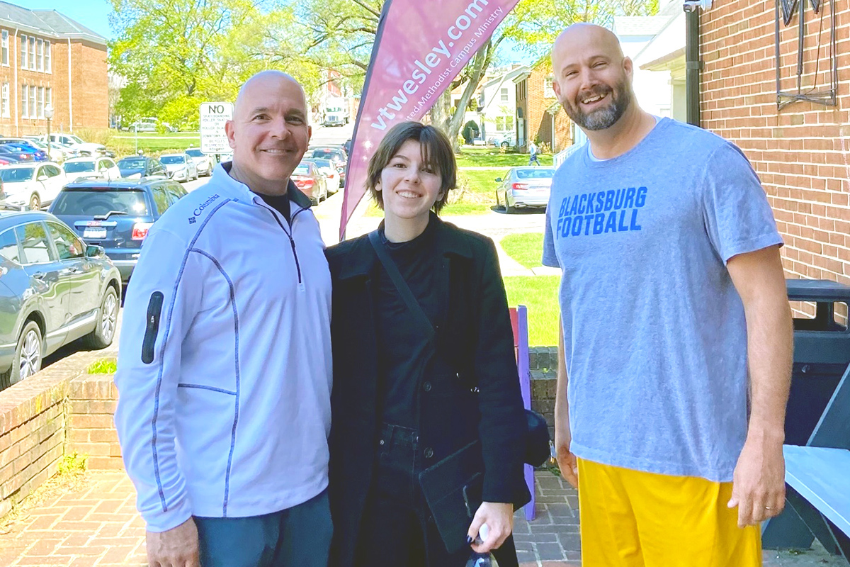 Bret Gresham (right), campus minister and director of Wesley at Virginia Tech, a Methodist ministry at the university in Blacksburg, Va., gives Joe Halwax and his daughter, Sasha, a tour of the program. Photo courtesy of Joe Halwax.
