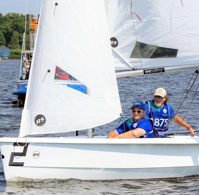 James Thigpen (front) sails with partner Phil Martin during competition on Lake Wannsee in southwestern Berlin. Photo courtesy of Wesley Glen Ministries.