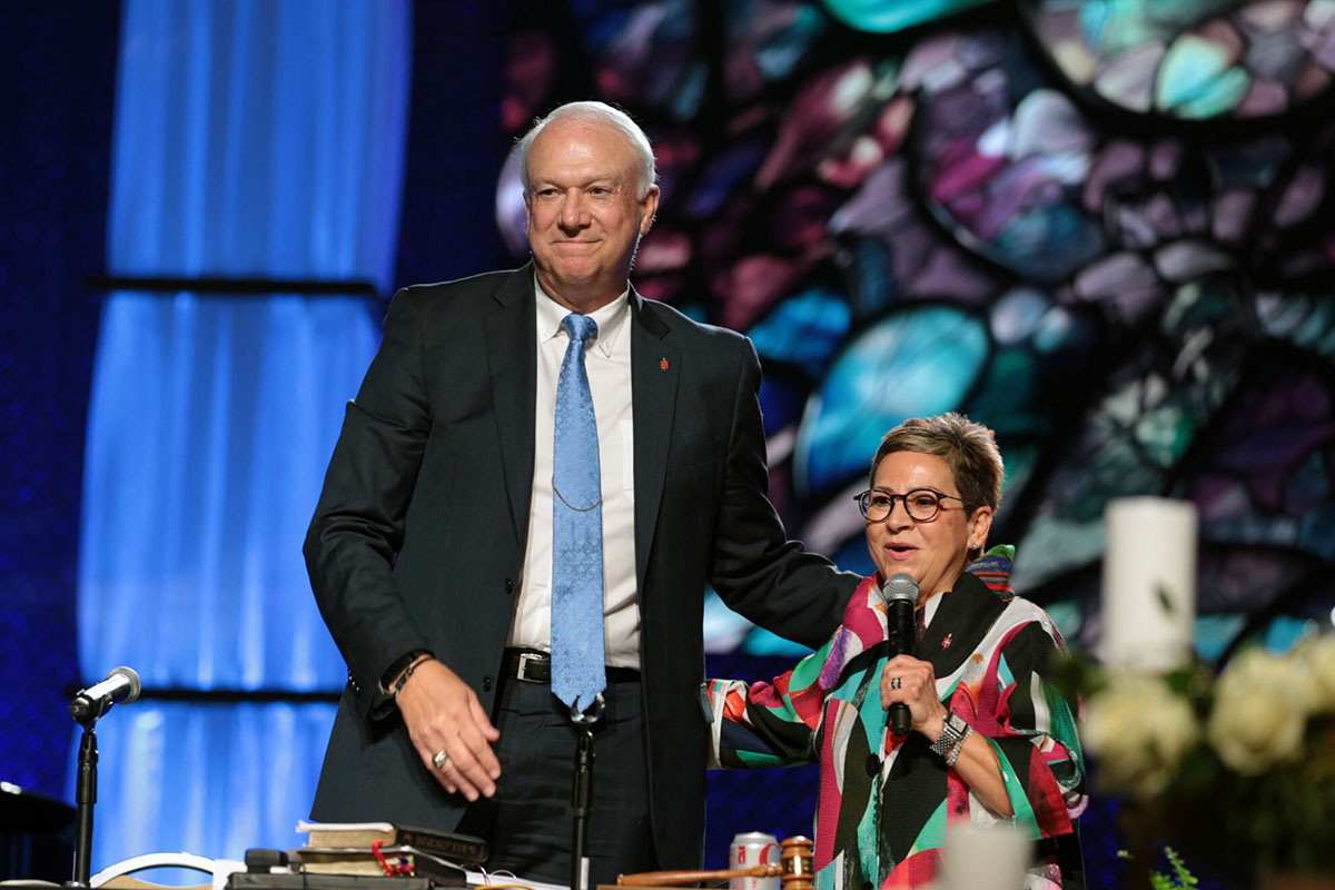 Council of Bishops President Thomas Bickerton joins with Texas Conference Bishop Cynthia Fierro Harvey at the Texas Annual Conference, which met May 28-31 at Hilton Americas, Houston. Even while lamenting church disaffiliations, both bishops see renewed energy among United Methodists for church planting and evangelism. Photo courtesy of the Texas Conference.  