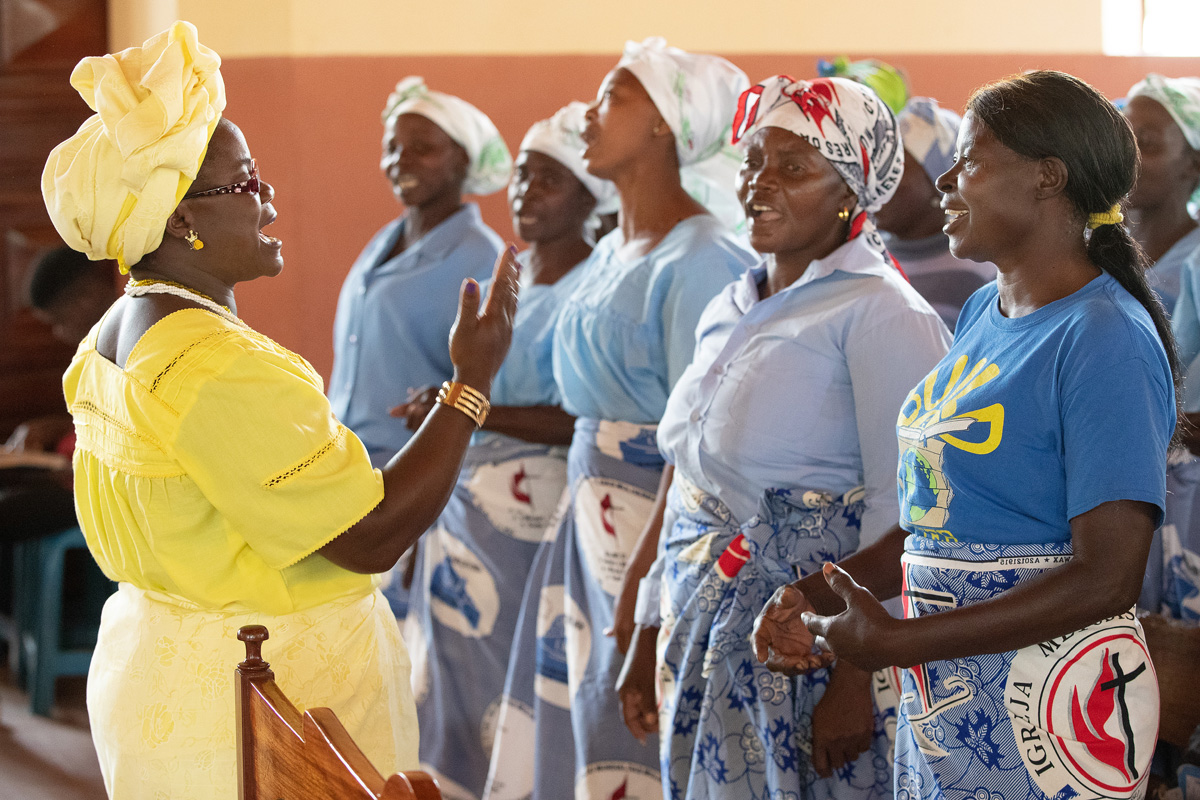 A women’s choir performs during the April 23, 2023, worship service at Central United Methodist Church of Quéssua, part of the Quéssua Mission in east Angola. Photo by Mike DuBose, UM News.