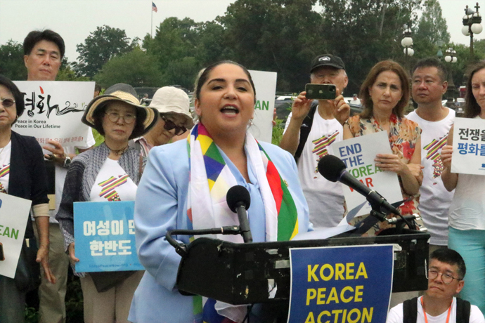 Rep. Delia Catalina Ramirez, a freshman U.S. representative from Illinois's third congressional district, speaks during a press conference at the House Triangle in Washington, D.C., supporting H.R. 1369, the Peace on the Korean Peninsula Act. Ramirez explained the importance of supporting peace and justice actions, and how her United Methodist faith inspired her participation. Photo by the Rev. Thomas E. Kim, UM News.