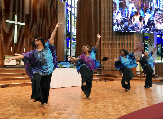 The St. Luke Community United Methodist Church Sacred Dancers perform at the July 29 installation service for Sally Vonner as new top executive of United Women in Faith. The spirited service was held at Dallas’ Lovers Lane United Methodist Church. Photo by Sam Hodges, UM News.