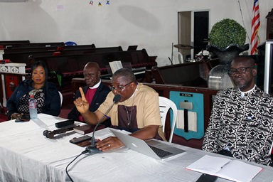 Bishop Samuel J. Quire Jr. presides over an executive meeting of the Liberia Conference at which he appointed a special committee to discuss the conference’s future after the 2024 General Conference. Photo by E Julu Swen, UM News.
