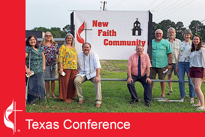 The sign in front of former Redwater United Methodist Church in Redwater, Texas, reads “New Faith Community.” The red brick building with its tall white steeple sat vacant for about a year after the congregation merged with Maud United Methodist Church. Photo courtesy of the Texas Conference.