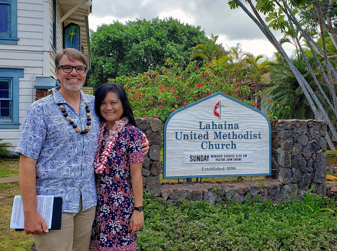 Pastor John Crewe, pictured with his wife, Hyaline Crewe, faces the task of helping Lahaina United Methodist Church bounce back from the Aug. 8 wildfires that destroyed the sanctuary and some church members’ homes. Photo courtesy of Lahaina United Methodist Church.