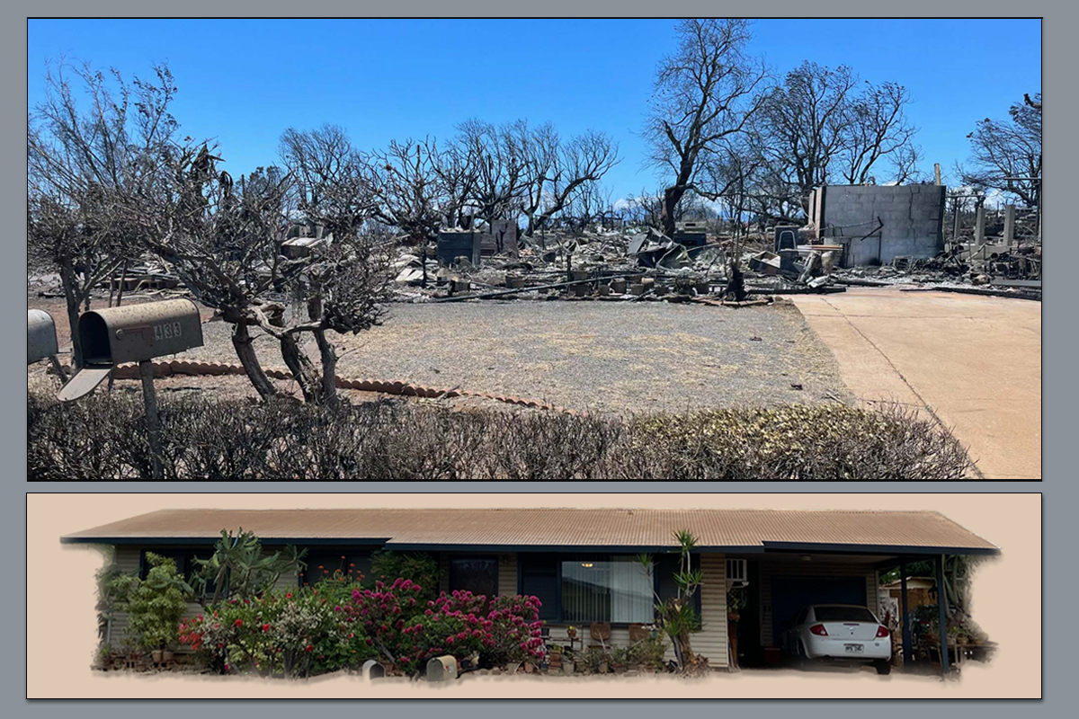 Judy Cramer’s family home, before and after the devastating wildfires in Lahaina, on the Hawaiian island of Maui. Cramer lives now on Oahu, in the community of Kaneohe, where she attends Parker United Methodist Church. But she grew up in Lahaina and she and her brother were visiting in the family home when the Aug. 8 fires forced them to evacuate. Photos courtesy of Judy Cramer.