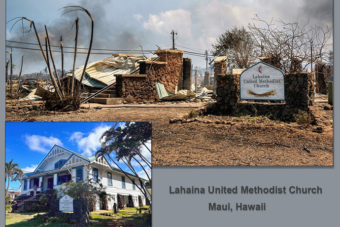 Lahaina United Methodist Church was among many structures lost to the Aug. 8 wildfires that swept through the community of Lahaina on the Hawaiian island of Maui. Before photo courtesy of Lahaina United Methodist Church; after photo by Tiffany Winn.