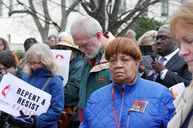 United Methodists gathered and prayed at a 2018 event leading up to a national rally in Washington, D.C., to end racism. The prayer witness was organized by the United Methodist Council of Bishops. Members of the United Methodist Board of Church and Society and Commission on Race and Religion spoke to the group about the work the agencies do to fight racism. File photo by Kathy L. Gilbert, UM News.
