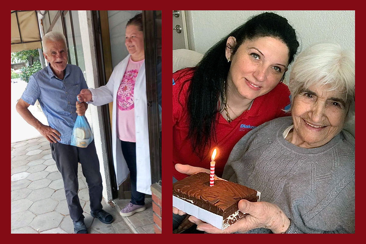 The Miss Stone Center in Strumica, North Macedonia, serves its community through daily meals, education and home care. Left: A man picks up a nutritious stew provided by the Miss Stone Center’s Warm Soup for Radovish project. Right: A woman in Strumica celebrates her birthday with an employee of the Miss Stone Center. The center is a diaconal institution closely associated with The United Methodist Church in North Macedonia. Photo by Urs Schweizer, UM News.