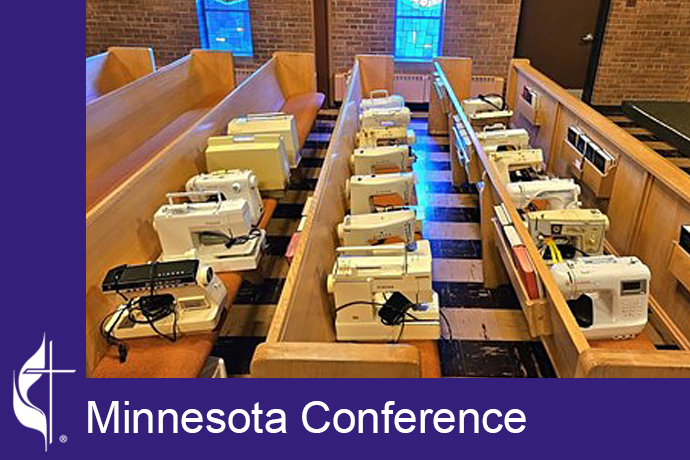 A group of old Singer sewing machines sit in the pews at Bethlehem Methodist United Methodist Church in Hutchinson, Minn. Photo courtesy of Bethlehem Methodist United Methodist Church.