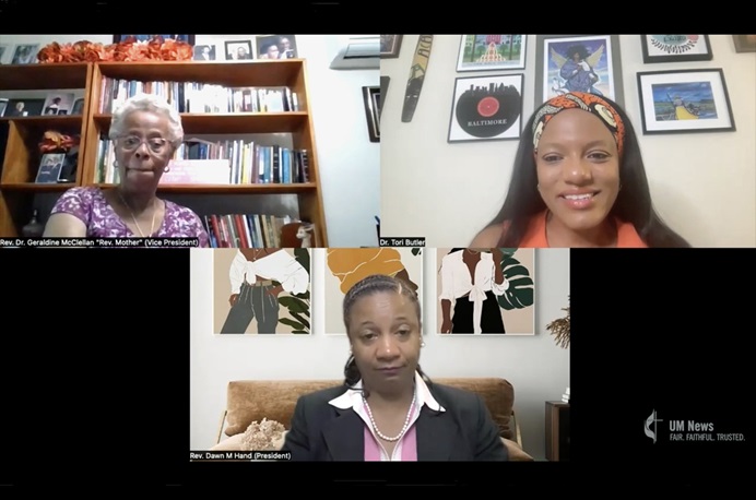 The Rev. Dr. Tori Butler (right) interviews the leadership team of the Black Clergywomen of The United Methodist Church in the latest installment of the “Hollering for Change” series. Zoom video image courtesy of the Rev. Butler via YouTube.