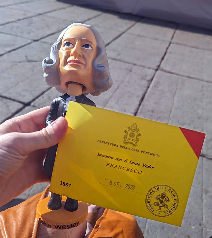 A John Wesley bobblehead was presented to Pope Francis on Sept. 6 while a group of United Methodists attended the European Methodist Historical Conference in Italy. According to Ashley Boggan D. with the United Methodist Commission on Archives and History, the Pope chuckled and said, “Wesley. Methodistica.” Photo courtesy of Ashley Boggan D.