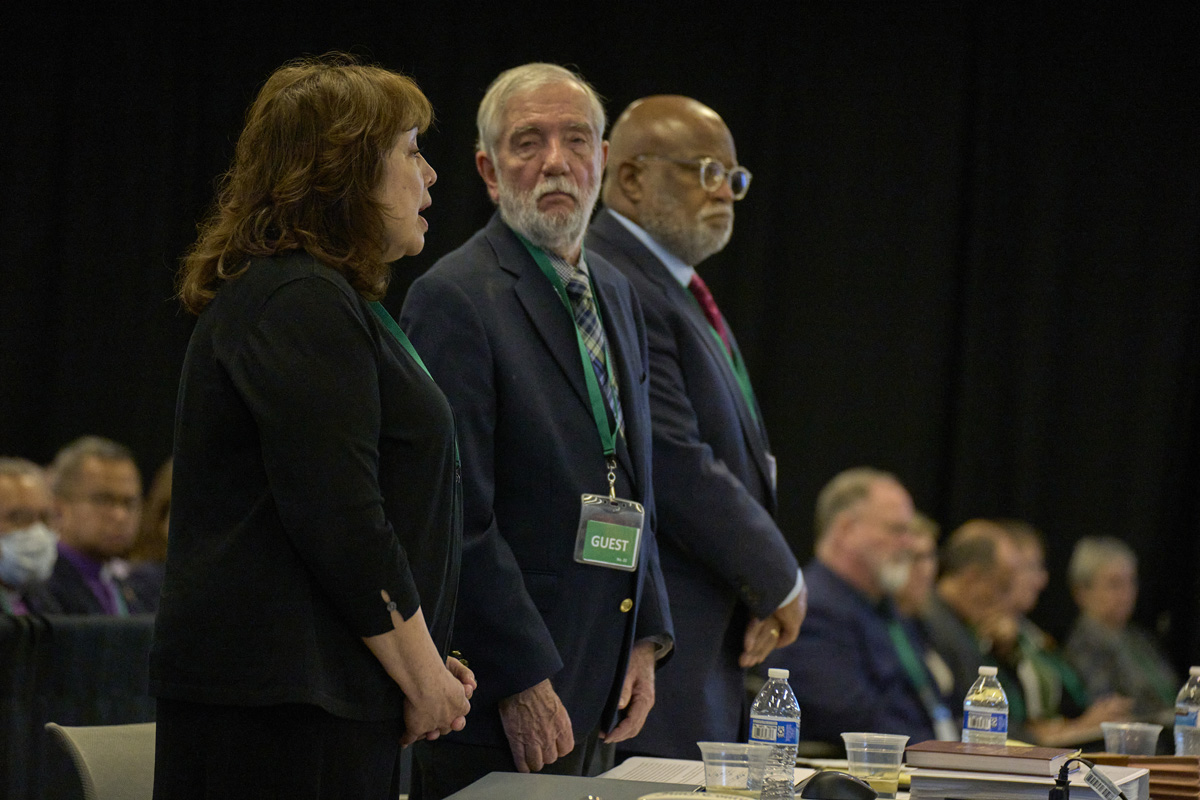 United Methodist Bishop Minerva G. Carcaño pleads not guilty during her church trial on Sept. 19, 2023, in Glenview, Ill. Carcaño, the suspended bishop of the California-Nevada Conference, faces four charges of violating church law. Beside her are her two counsel, the Rev. Scott Campbell and Judge Jon Gray. Photo by Paul Jeffrey, UM News.