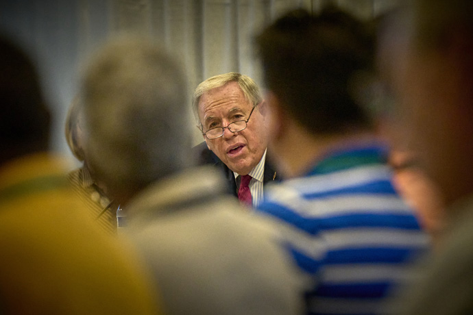 Retired United Methodist Bishop Alfred W. Gwinn questions prospective jurors on Sept. 19, 2023, the first day of a church trial of Bishop Minerva G. Carcaño in Glenview, Ill. Gwinn is serving as the presiding officer, the equivalent of a judge, in the trial. Carcaño is accused of disobeying the order and discipline of The United Methodist Church, undermining the ministry of another pastor, committing harassment (including but not limited to racial and/or sexual harassment) and committing fiscal malfeasance. Photo by Paul Jeffrey, UM News.