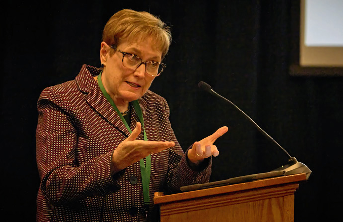 The Rev. Janet Forbes, counsel for the church — the equivalent of a prosecutor —  gives opening remarks during the church trial of United Methodist Bishop Minerva G. Carcaño on Sept. 19, 2023, in Glenview, Ill. Carcaño faces four charges of violating church law. She pleaded not guilty to all four charges, which stem from complaints filed by members of the California-Nevada Conference. Photo by Paul Jeffrey, UM News.