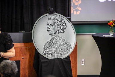 An enlarged replica shows the design of the United States Mint’s coin honoring Jovita Idár, a Methodist who through journalism and activism championed the rights of Mexican Americans and women in the early 20th century. The replica was on display at a Sept. 14 event in San Antonio, celebrating the Idár coin. Photo courtesy of the Rio Texas Conference.