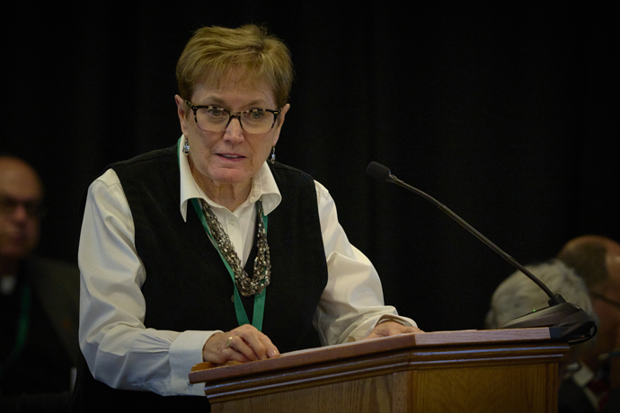The Rev. Janet Forbes presents closing arguments on Sept. 21, the third day of the church trial of United Methodist Bishop Minerva G. Carcaño. Forbes was lead counsel for the church during the trial, which was held in Glenview, Ill. Photo by Paul Jeffrey, UM News.