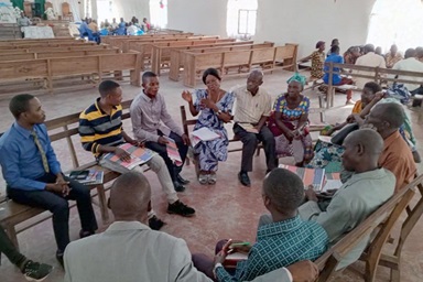 Mutombo wa Maloba Elizabeth (center in blue dress), vice president of the Tanganyika Conference United Women, conducts a focus group workshop during a July 2023 training for civic education leaders. With the country's elections approaching, The United Methodist Church is working to strengthen peace and cohabitation in the Democratic Republic of the Congo by training citizens in civic rights and duties. Photo by Betty Kazadi Musau, UM News. Mutombo wa Maloba Elizabeth (center in blue dress), vice president of the Tanganyika Conference United Women, conducts a focus group workshop during a July 2023 training for civic education leaders. With the country's elections approaching, The United Methodist Church is working to strengthen peace and cohabitation in the Democratic Republic of the Congo by training citizens in civic rights and duties. Photo by Betty Kazadi Musau, UM News.