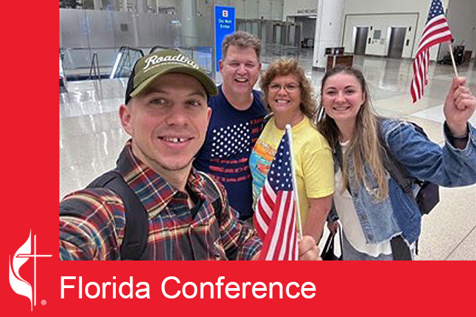 Kim and Keven Woodard (second and third from right) from Temple Terrace United Methodist Church in Tampa, Florida, welcome Dima and Daria Vyshniak to America. Dima and Daria Vyshniak recently arrived in the United States, fleeing the war in their native Ukraine. Their home had been leveled by Russian missiles, but they were able to immigrate to the U.S. through a federal program called Uniting for Ukraine. Photo courtesy of the Florida Conference.