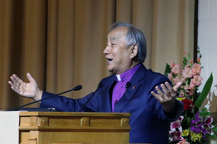 Bishop Hee-Soo Jung preaches at the opening worship service of the 2023 special session of the National Association of the Korean American United Methodists on Oct. 2, held at the First Korean United Methodist Church in Wheeling, Ill. Photo by the Rev. Thomas E. Kim, UM News.
