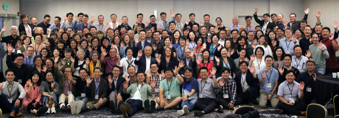 On Oct. 3, the second day of the 2023 special session of the National Association of the Korean American United Methodists, participants gathered after the morning session at the Crowne Plaza Hotel in Northbrook, Ill., for a group photo. Photo by the Rev. Thomas E. Kim, UM News. Click here to enlarge image.