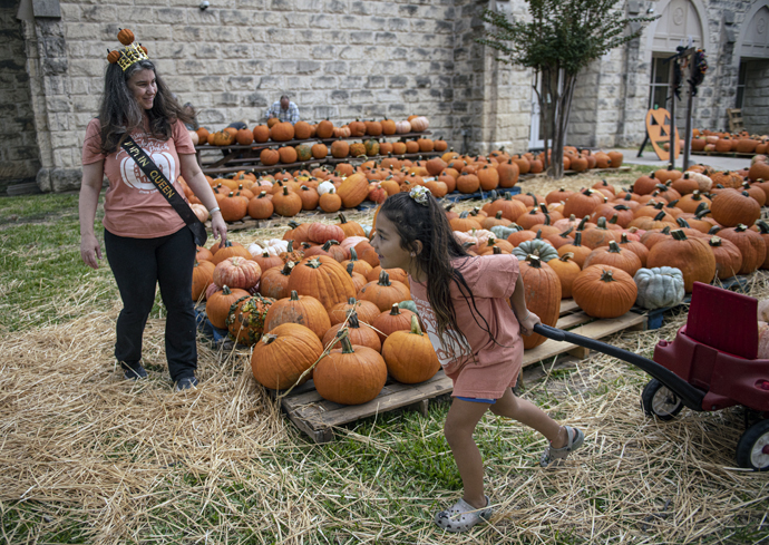 Wagons are among the vehicles employed for moving some 2,500 pumpkins at First United Methodist Church in Georgetown, Texas. Photo by Andy Sharp.