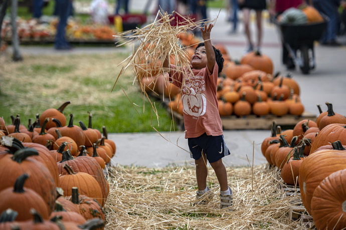 A small boy gets in the spirit at the pumpkin patch of First United Methodist Church of Georgetown, Texas. Photo by Andy Sharp.