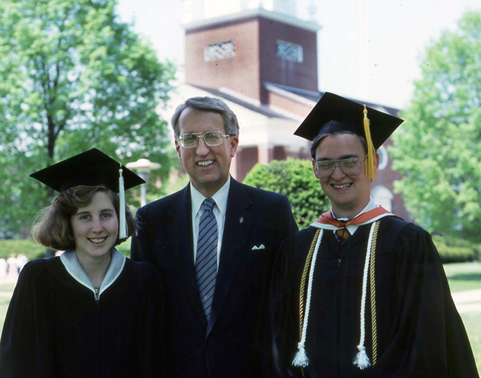 Bishop William Boyd Grove (middle) with Mary Lowther Perkins and Michael Perkins on their graduation day from West Virginia Wesleyan College in 1987. Grove, known as an encourager, died Oct. 27 at age 94. Photo courtesy of the West Virginia Conference.