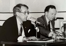 Bishop William Boyd Grove (left) served the West Virginia Conference from 1980 to 1992. In that time, he presided over 12 regular sessions and three special sessions. Conference Secretary Dewayne Lowther (right) kept track of all the proceedings. Grove died Oct. 27. Photo courtesy of the West Virginia Conference. 