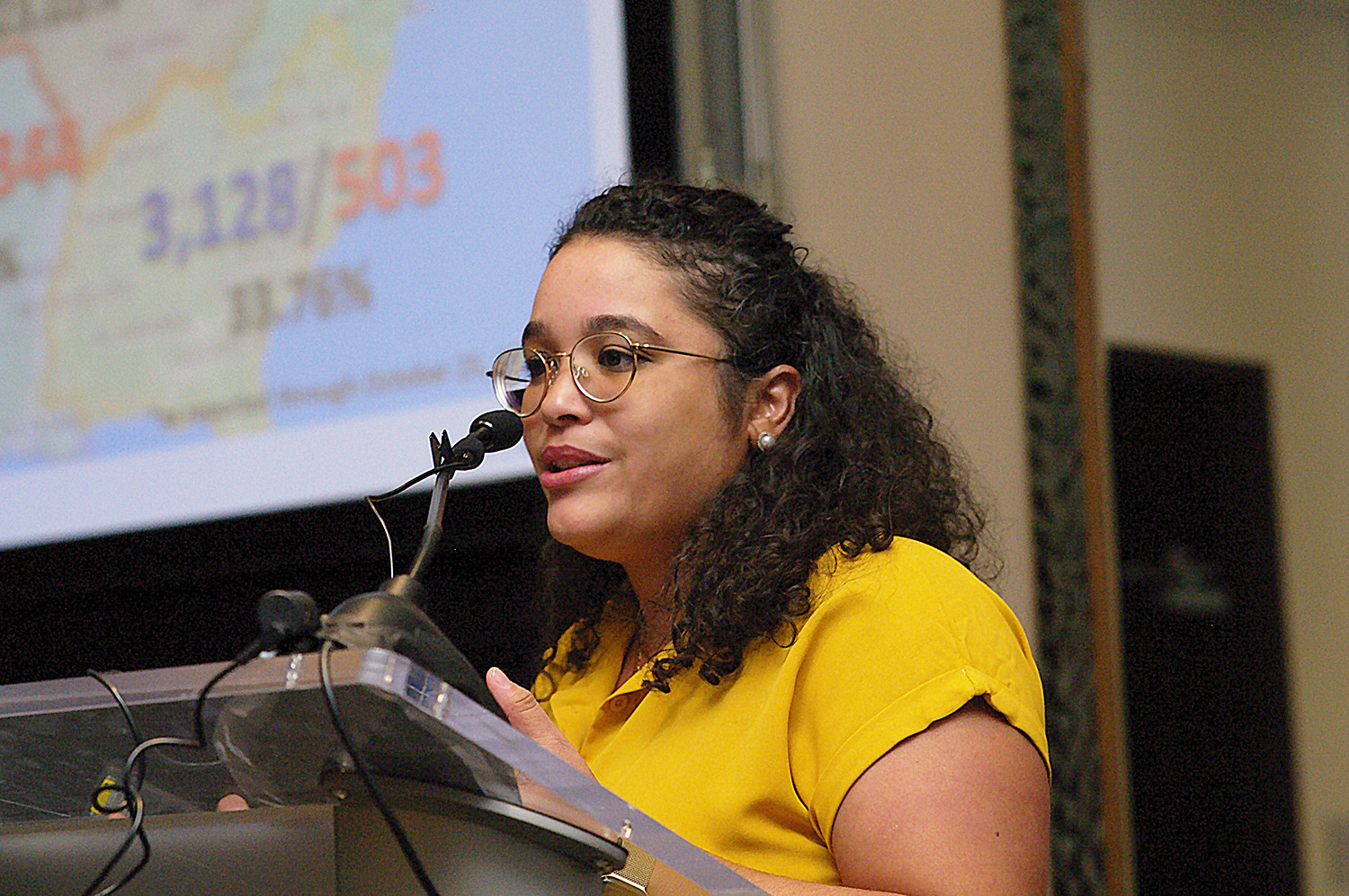 The Rev. Dorlimar Lebrón, director of International Relations for Wespath, shared the figures about the disaffiliations and closures of churches that have been taking place since 2019. Photo by the Rev. Gustavo Vasquez, UM News.