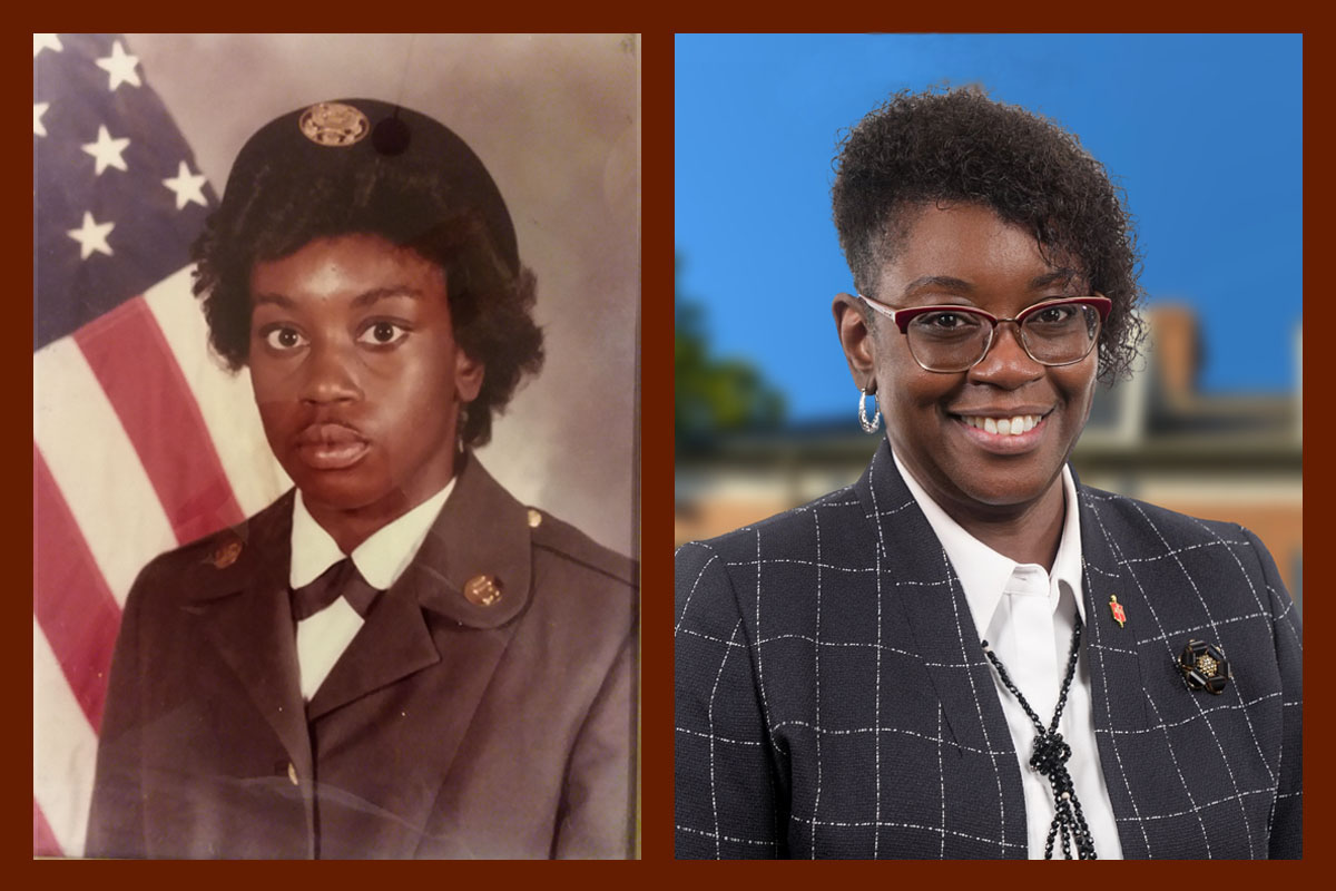 Bishop Delores J. Williamston, who leads the Louisiana Conference, served in the military from 1982 to 2004, with most of those years in the Kansas Army National Guard. She retired with the rank of sergeant first class. Photo on left, courtesy of Williamston; photo on right, courtesy of the Louisiana Conference.