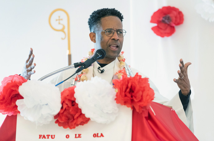 Bishop Cedrick D. Bridgeforth gives the sermon during the chartering service for Ola Toe Fuataina United Methodist Church in Anchorage, Alaska, on March 19. Bridgeforth, who leads the Alaska, Oregon-Idaho and Pacific Northwest conferences, is a four-year veteran of the U.S. Air Force who served as a security specialist. Photo by Mike DuBose, UM News.