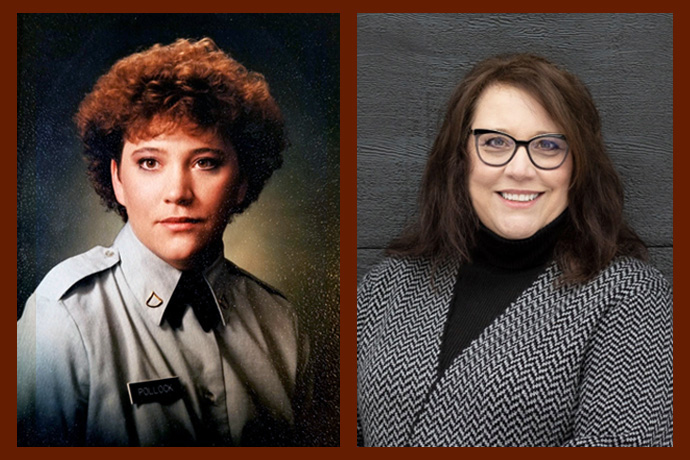 Bishop Lanette L. Plambeck, who serves the Dakotas and Minnesota conferences, enlisted in the Army after graduating from Morningside University in Sioux City, Iowa. She was deployed to Desert Storm/Desert Shield as a military intelligence analyst from 1989 to 1992. Photo on left, courtesy of Plambeck; photo on right, courtesy of the Dakotas Conference.