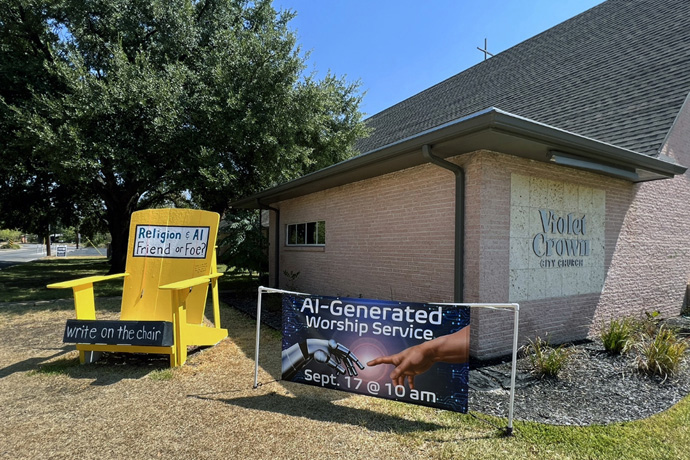 An exhibit outside Violet Crown City Church in Austin, Texas, announces an AI-generated service Sept. 17 with an opportunity for feedback. The experiment involved the use of artificial intelligence to plan an entire service. Photo courtesy of Violet Crown City Church.