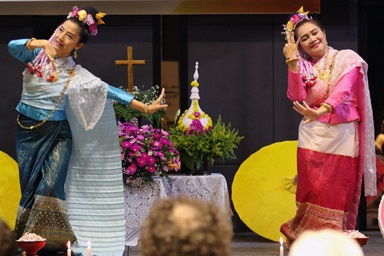 Two Thai Christians perform a ritual dance during opening worship for the third Asia Upper Room leadership seminar on Oct. 23 in Bangkok, Thailand. Methodists from across Asia came together for the gathering and to celebrate the 70th anniversary of the Thai edition of The Upper Room daily devotional published by The United Methodist Church. Photo by the Rev. Thomas E. Kim, UM News. 