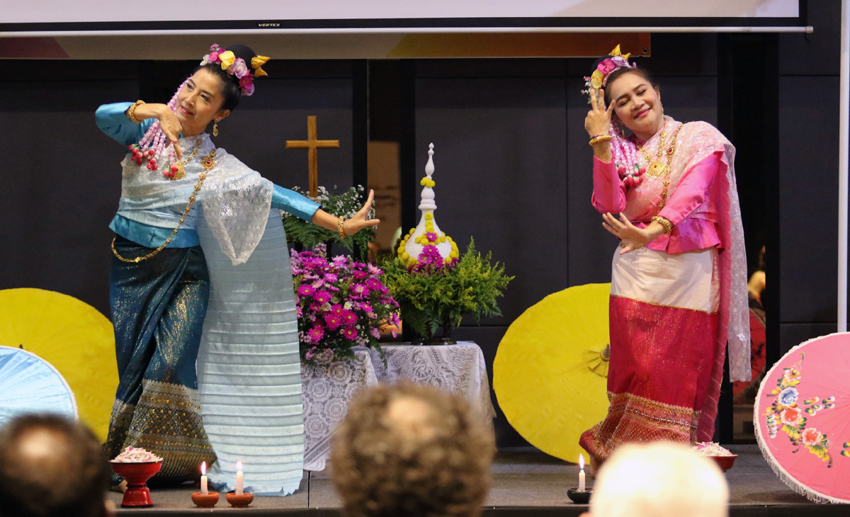 Two Thai Christians perform a ritual dance during opening worship for the third Asia Upper Room leadership seminar on Oct. 23 in Bangkok, Thailand. Methodists from across Asia came together for the gathering and to celebrate the 70th anniversary of the Thai edition of The Upper Room daily devotional published by The United Methodist Church. Photo by the Rev. Thomas E. Kim, UM News. 
