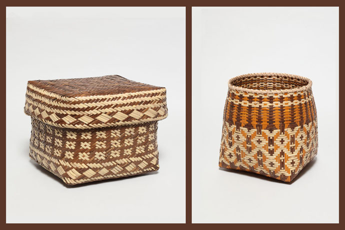 “Double Woven River Cane Basket” (left) and “United First Nations River Cane Basket” (right) were created by Vivian Garner Cottrell, who is of Cherokee and Irish descent and a fourth-generation basket maker. Cherokee patterns are woven into each basket with natural dyed material using black walnut, bloodroot, berries and bois d’arc shavings. Photo courtesy of Global Ministries.