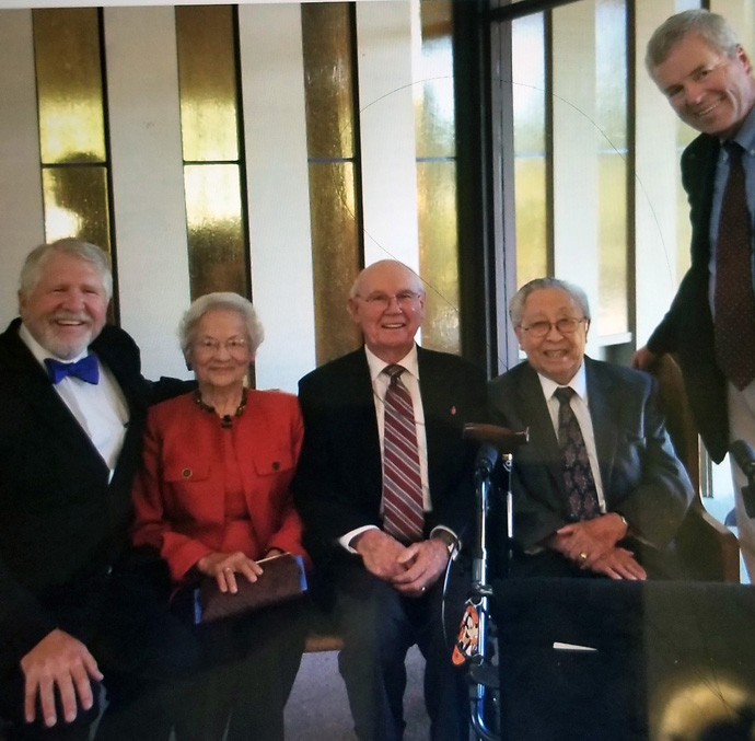 In an undated photo, Bishop Calvin D. McConnell (center) and his wife, Velma McConnell, visit with Bishop Wilbur Wong Yan Choy (second from right), Jeff Swenson (far right) and Roger Barr (far left). Bishop Choy passed away in 2021, as did Swenson, husband of retired Bishop Mary Ann Swenson. Bishop McConnell died on Nov. 28 at age 94. Photo by Bishop Mary Ann Swenson, courtesy of the Oregon-Idaho Conference.