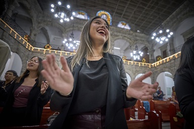 A woman sings and prays during a Dec. 2, 2023, worship service in the Gante Methodist Church in Mexico City, part of a larger celebration of the 150th anniversary of the founding of the Methodist Church of Mexico. The denomination observed the anniversary with a conference Nov. 30 to Dec. 3 in Mexico City looking at how its Wesleyan heritage can better equip the church to face current challenges. Photo by Paul Jeffrey, UM News. A woman sings and prays during a Dec. 2, 2023, worship service in the Gante Methodist Church in Mexico City, part of a larger celebration of the 150th anniversary of the founding of the Methodist Church of Mexico. The denomination observed the anniversary with a conference Nov. 30 to Dec. 3 in Mexico City looking at how its Wesleyan heritage can better equip the church to face current challenges. Photo by Paul Jeffrey, UM News.