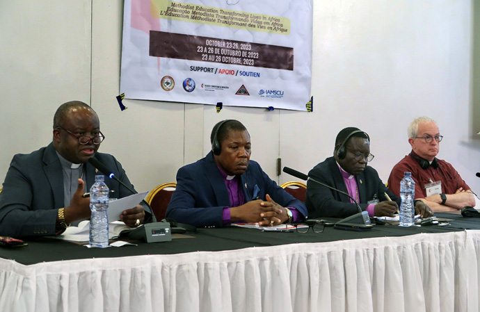 Bishops Mande Muyombo of North Katanga, Daniel O.  Lunge of Central Congo and Owan Kasap of South Congo share their views on regionalization during a United Methodist Board of Higher Education and Ministry meeting in Kinshasa, Congo. At right is Greg Bergquist, top executive of GBHEM. Focusing on the theme “Methodist Education Transforming Lives in Africa,” the Oct. 23-26 meetings brought together about 100 leaders of education institutions on the continent and staff from Higher Education and Ministry and the United Methodist Board of Global Ministries. Photo by Eveline Chikwanah, UM News. 