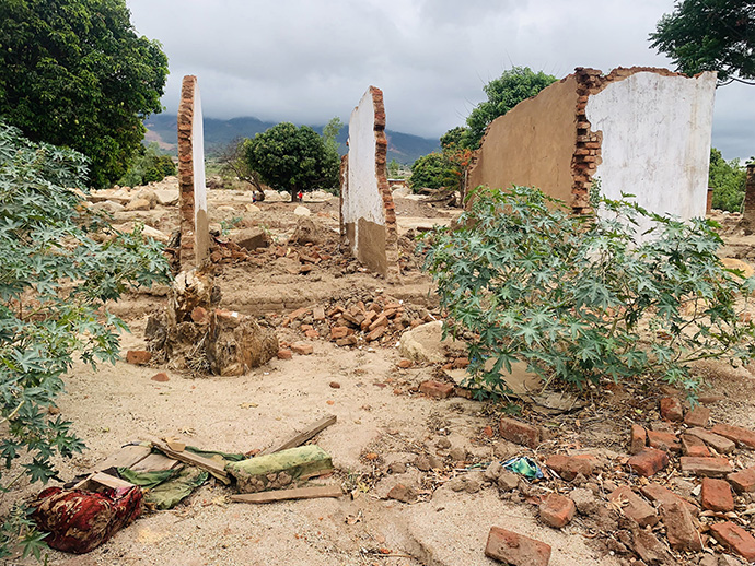 Cyclone Freddy killed more than 1,000 people in Malawi and destroyed homes, crops and public infrastructure. The United Methodist Church is assisting survivors with supplies and training to help them rebuild. Shown here is a house reduced to rubble in Nkhulambe. Photo by Francis Nkhoma, UM News.