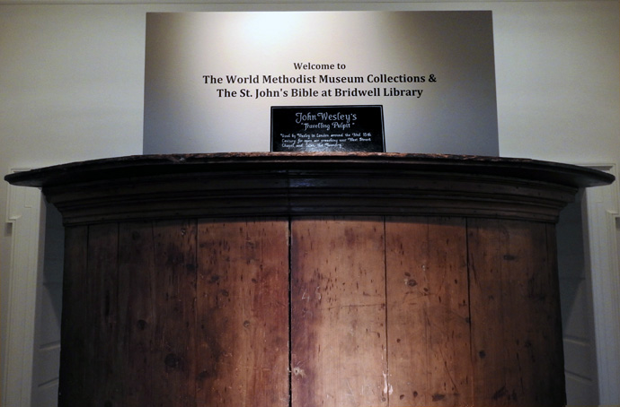 John Wesley’s traveling pulpit is among the first items seen by visitors to the World Methodist Museum Collections at Bridwell Library, part of Southern Methodist University’s Perkins School of Theology, in Dallas. Photo by Sam Hodges, UM News. 