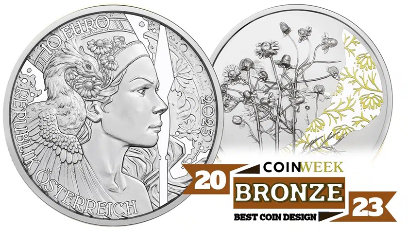 CoinWeek reconoce la moneda de Manzanilla 2023 de la Casa de la Moneda de Austria: Círculo Celestial y le otorga a su diseño la medalla de bronce 2023. Foto cortesía de CoinWeek.