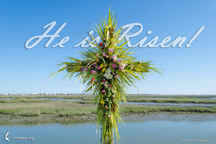 The 2020 Easter cross displayed April 11, 2020 at Belin Memorial United Methodist Church in Murrells Inlet, South Carolina. The is an annual tradition of the church documented in photography by Austin Bond. Graphic by Laurens Glass, UM News.