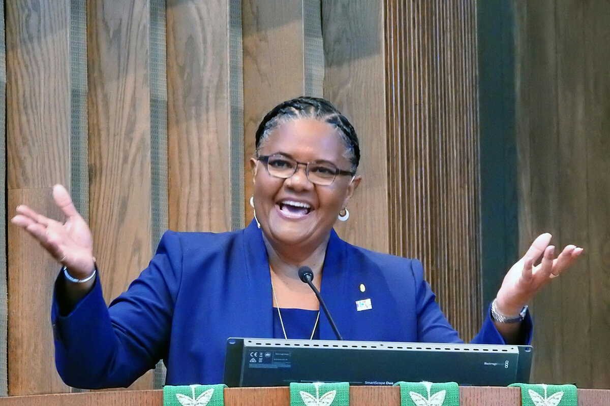 Sally Vonner addresses the crowd at her July 29, 2023, installation service as top executive of United Women in Faith. That organization, formerly United Methodist Women, is based in New York, but Texas native Vonner’s installation was held at Lovers Lane United Methodist Church in Dallas. File photo by Sam Hodges, UM News. 